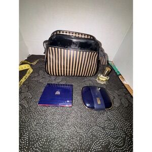 Vintage Avon Blush Compacts St Moritz Parfum Mini and Striped Cosmetic Bag Set
